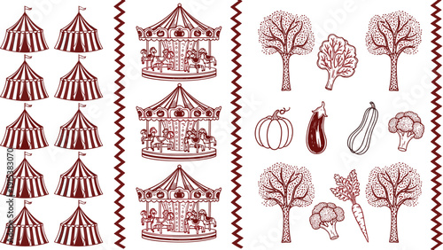 Vintage Circus Tents Carousel and Autumn Harvest Vegetables Engraving Style Illustration Set Retro Fair Elements with Trees Pumpkin Eggplant Broccoli Carrot Vector Collection