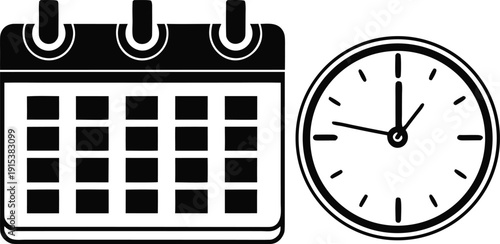 Black-and-white-illustration-of-a-calendar-and-clock-side-by-side