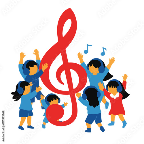 Joyful group of diverse kids with headphones dancing around a large red musical note, celebrating sound, education, and fun.