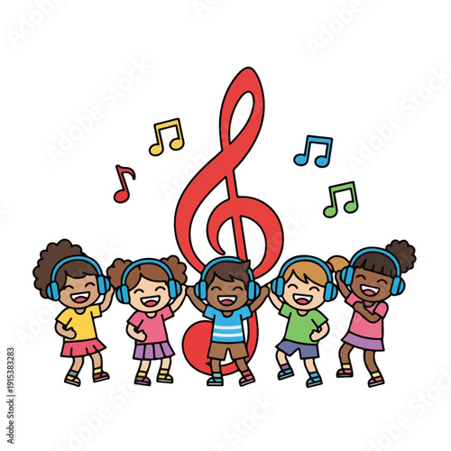 Cute cartoon children wearing headphones dancing happily around a large red treble clef with musical notes