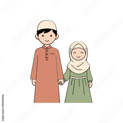Muslim boy and girl holding hands.