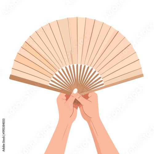 Hands holding an open traditional hand fan in a delicate illustration style