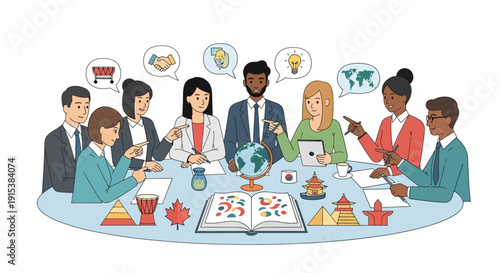 Diverse team brainstorming global business ideas in modern meeting