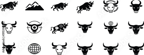 Bull and Taurus Icon Set with Mountain and Globe Symbols, Black Silhouette Vector Collection for Finance, Trading, Zodiac, Branding and Logo Design