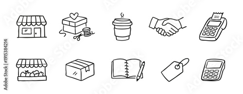 Hand-drawn doodle icons for small business, retail, and shopping featuring a storefront, card terminal, handshake, and gift box.
