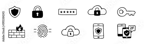 Collection of hand-drawn cybersecurity doodle icons featuring locks, shields, and digital safety symbols for data protection concepts.