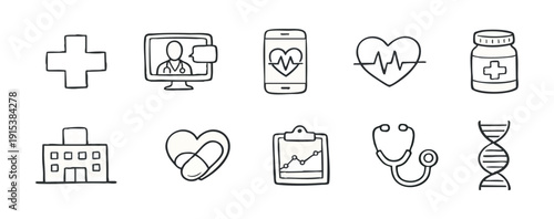 Set of hand-drawn medical icons including a stethoscope, DNA, hospital, medicine, and heartbeat. Minimalist doodle style on a white background.