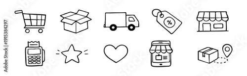 A set of hand-drawn e-commerce and shopping icons including a cart, truck, box, store, and payment terminal in a minimalist doodle style.