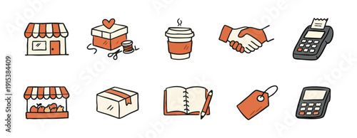 Set of hand-drawn retail and small business icons featuring a shop, coffee, handshake, and payment terminal in an orange and grey doodle style.
