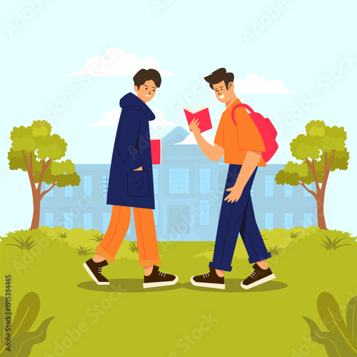 Two students walk on campus with books