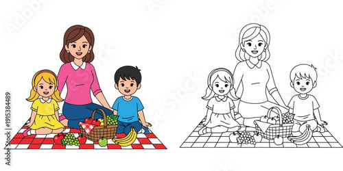  Happy Family Picnic with Mother and Two Children Enjoying Fruits Outdoors