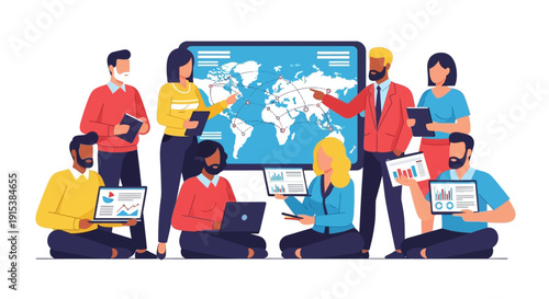 Diverse team collaborating on global business project with digital devices