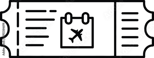 Vector illustration of airplane ticket with boarding pass and flight details in black lines on white background, isolated on transparent background