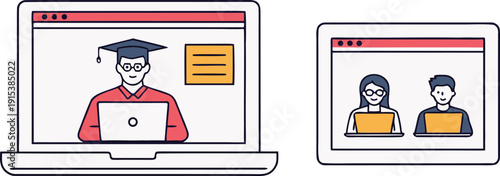 Illustration-of-two-people-in-a-virtual-graduation-ceremony-on-laptops