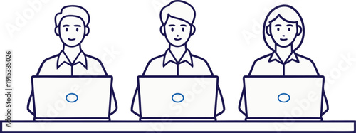 Three people working on laptops in a line illustration