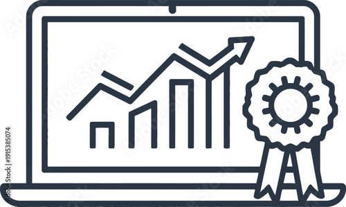 Vector illustration of a laptop with a graph on the screen and a rosette award ribbon on the right isolated on transparent background