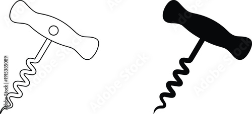 Corkscrew Wine Opener Icon Set with Outline and Solid Silhouette Styles, Isolated on White Background, Minimal Vector Illustration for Bar, Restaurant and Kitchen Design