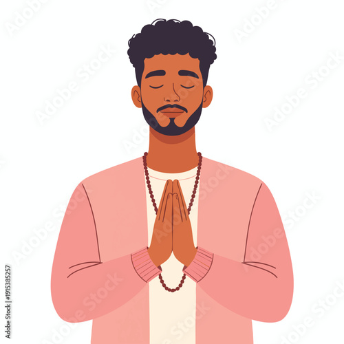 A man meditating with hands clasped together in a peaceful pose illustration