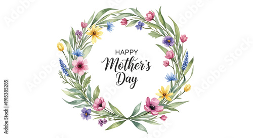 Watercolor floral wreath with Happy Mother's Day text isolated on transparent background