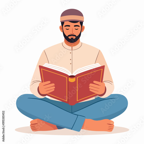 A man sitting cross-legged on the floor reading a book with a serene expression