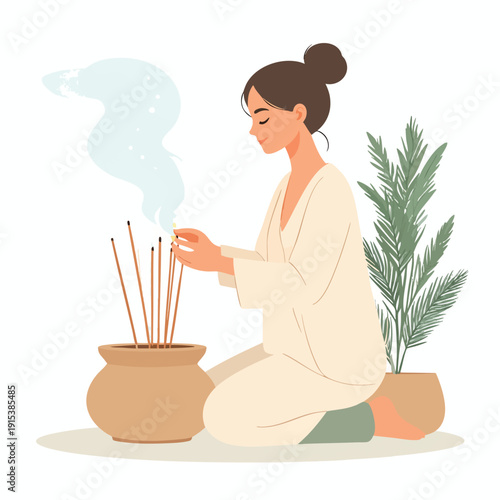 A serene woman meditates with incense sticks in a peaceful indoor setting with a potted plant nearby, viewed from the side.