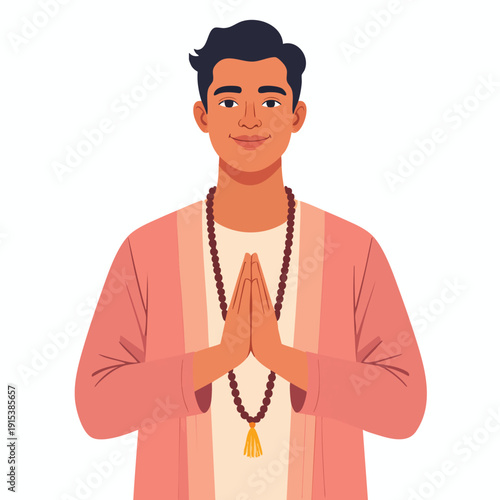 A young man in a prayerful pose, wearing traditional attire and rosary, stands calmly with hands clasped together