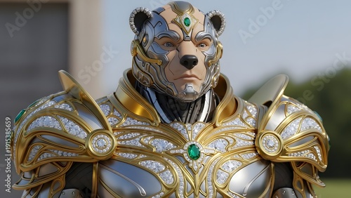 Futuristic bear knight in ornate armor standing outdoors with a blurred background view