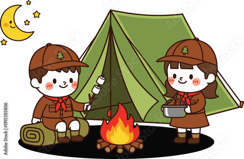 Cute Kids Camping Illustration Boy Girl Scouts Sitting Around Campfire Tent Night Moon Cartoon Vector Outdoor Adventure Summer Camp Clipart Isolated