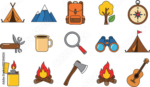 Camping Adventure Outdoor Equipment Icon Set Tent Mountain Backpack Compass Campfire Axe Binoculars Mug Knife Guitar Flat Vector Collection Isolated Background