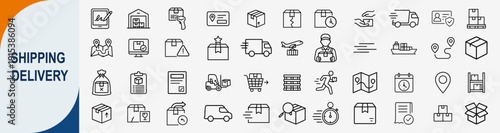 Shipping and delivery icon set, thin line symbols for logistics warehouse transportation courier service and supply chain vector illustration
