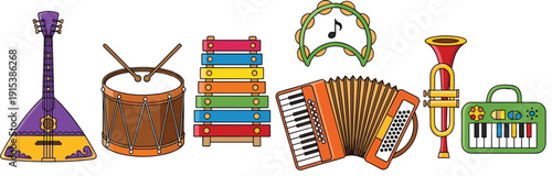Musical Instruments Collection Balalaika Drum Xylophone Accordion Trumpet Tambourine Toy Piano Colorful Cartoon Vector Set Isolated White Background Kids Music Illustration
