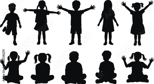 Set of children silhouettes standing and sitting in playful poses, black shadow boys and girls isolated on white background for education and childhood concepts