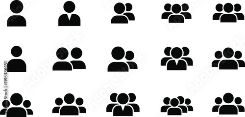 Set of black user and group icons isolated on white background, people silhouettes, teamwork and community symbols for web design, apps, UI, and business concepts