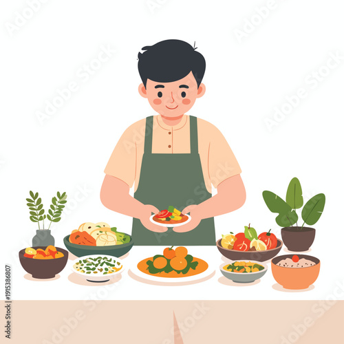 A person wearing an apron serving various dishes from a selection of culinary delights on a table