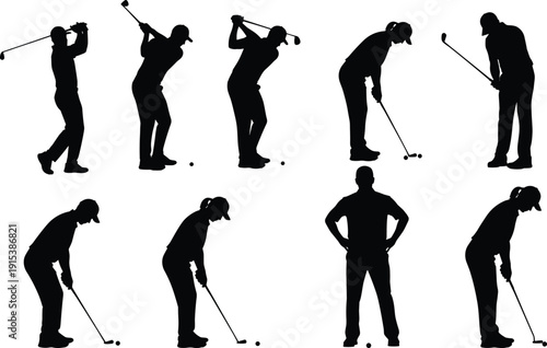 Set of golfer silhouette figures showing golf swing and putting poses illustrating sports action sequence isolated on white background for golf training design