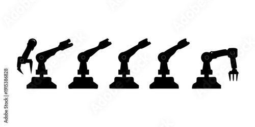 Five different types of industrial robotic arms on a white background Vector