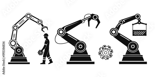 Industrial robots and workers collaborating in a modern manufacturing environment Vector