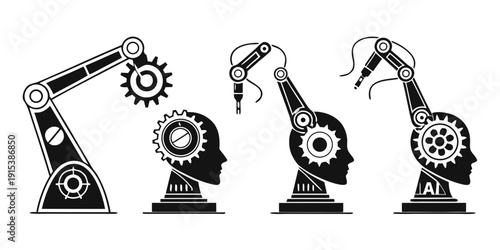 Four mechanical heads with gears and tools representing innovation and creativity. Vector