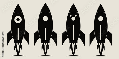Four black and white rocket illustrations with different facial expressions Vector