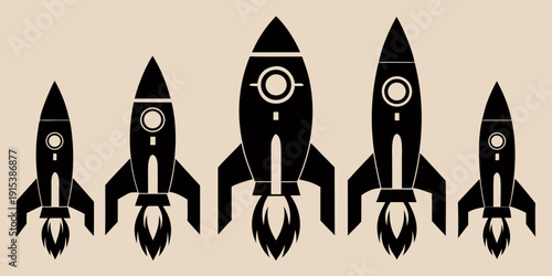 Five stylized rockets with astronauts in space suits, ready for launch. Vector
