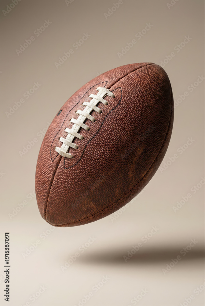 Fototapeta premium A classic brown leather football with white laces floats against a neutral background with a subtle shadow.