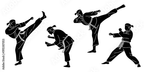 Four martial artists performing dynamic kicks in a sequence of action poses Vector