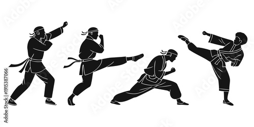 Martial artists performing various kicks in a sequence of movements Vector