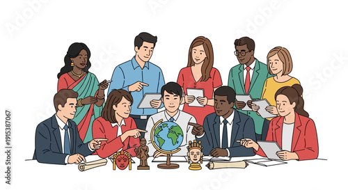 Diverse team collaborating around globe with cultural artifacts