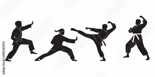 Martial arts practitioners demonstrating various kicking techniques in sequence Vector