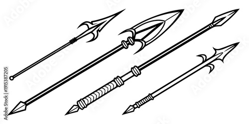 A collection of ancient spears with intricate designs and varying lengths Vector
