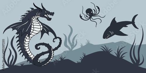 A dynamic scene of a horse and dolphins leaping out of the ocean water. Vector