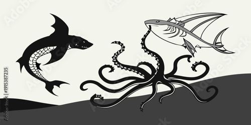 A dramatic depiction of a shark and an octopus in a deep sea battle. Vector