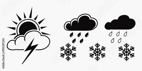Weather elements including sun, clouds, rain, snow, and lightning Vector