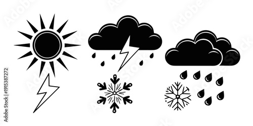 Weather icons representing sunny, stormy, cloudy, snowy, and rainy conditions Vector